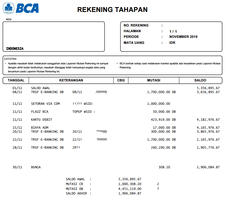 Example of BCA Bank Statement